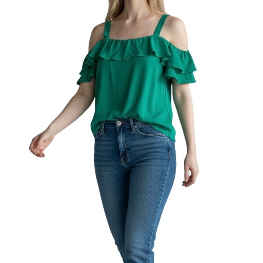 J.Crew Womens Green Cold Shoulder Ruffle Blouse Top H5388 Size 4